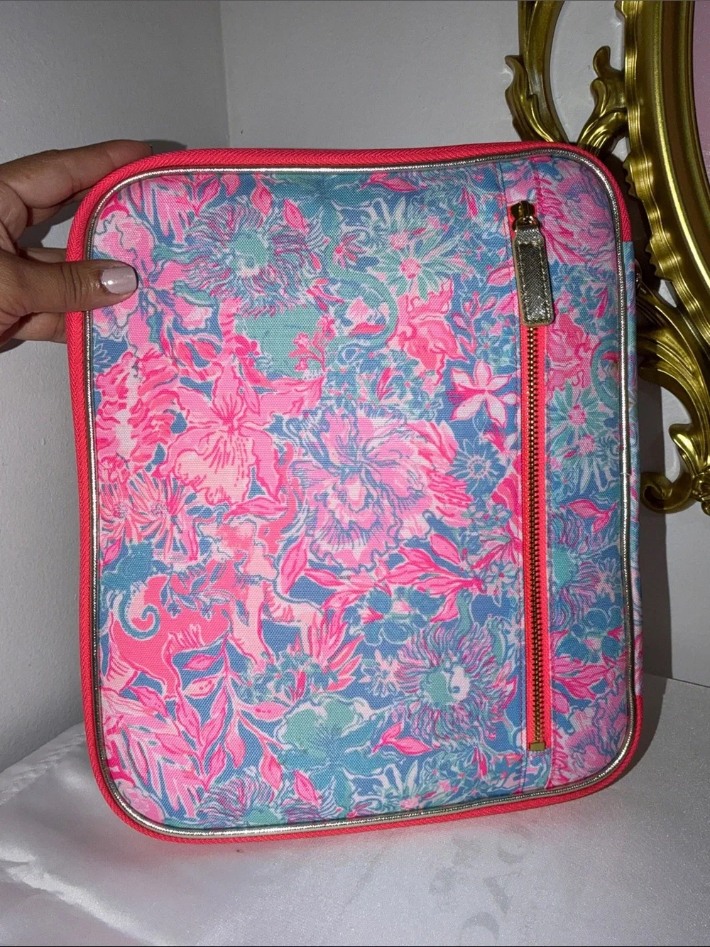 Lilly Pulitzer Pink & Blue Floral Cosmetic Case with Gold Plaque